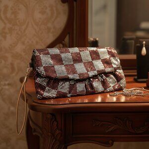 Vintage 1970s/80s Copper & Silver Sequin Plaid Evening Clutch – Wristlet Strap